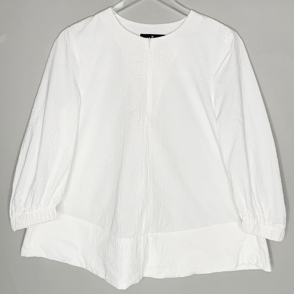 Pomander Place L White Seersucker Kieran Blouse Zip Neck 100% Cotton